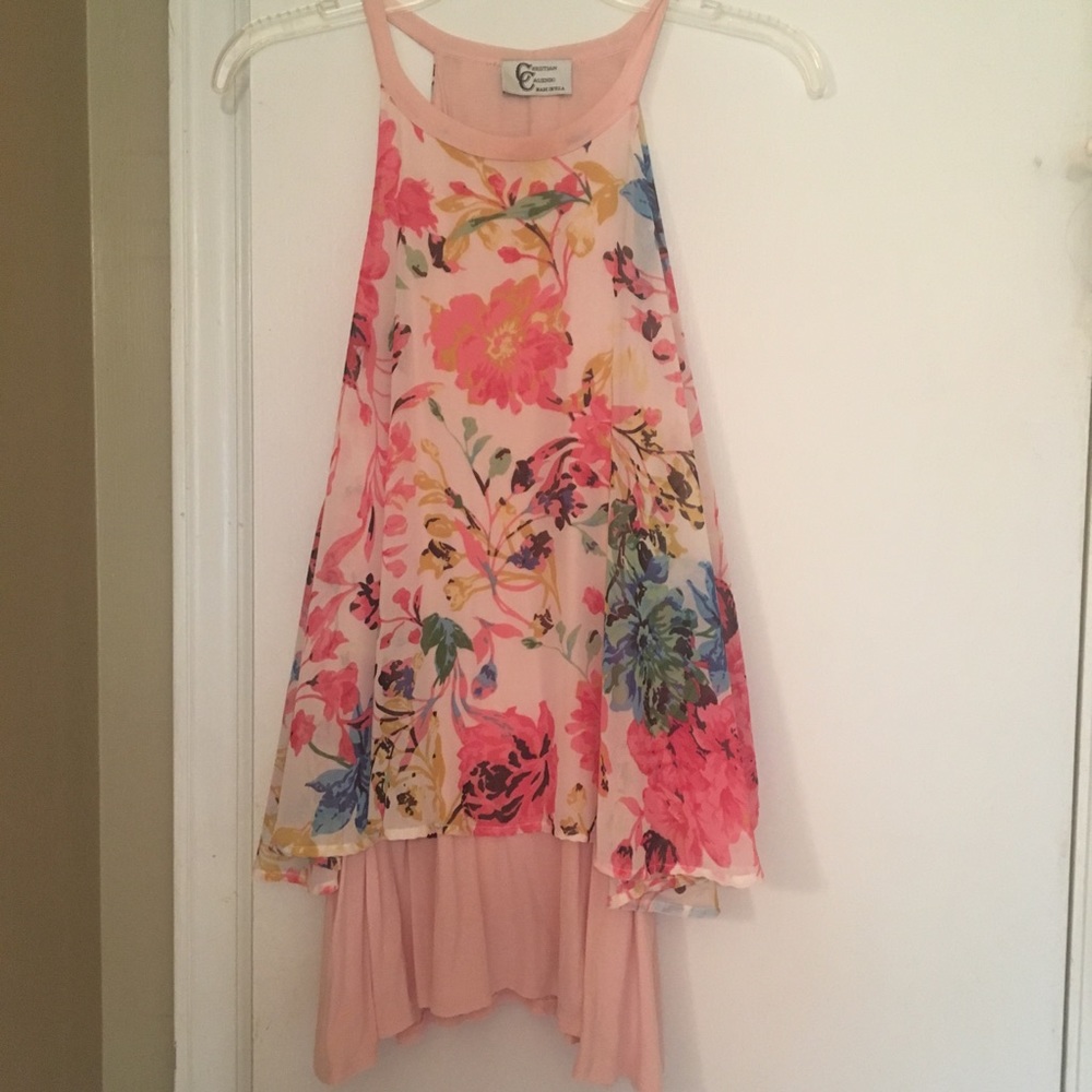 Christian Caliendo Pink Floral Chiffon Tunic Large
